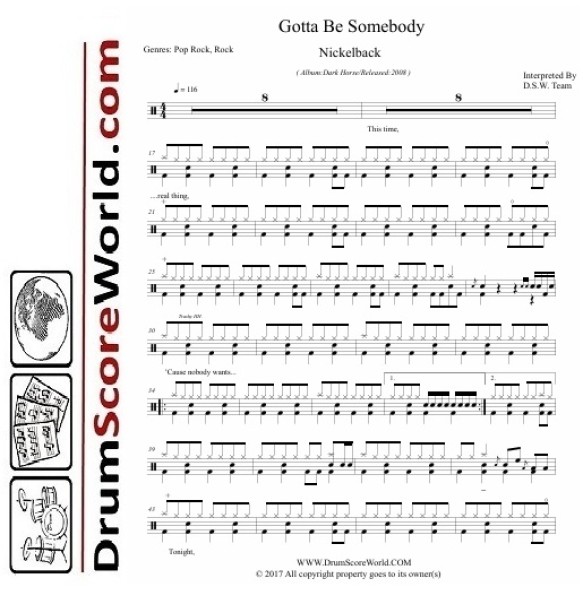 Nickelback - Gotta Be Somebody - Drum Sheet + Play-Along Track